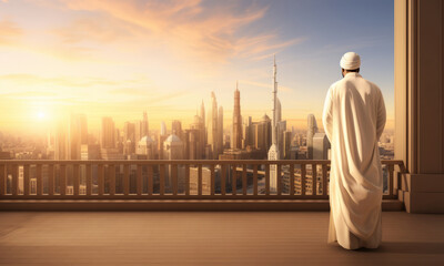 Fototapeta na wymiar Silhouette of a muslim man in a white robe with a hood looking at the city.