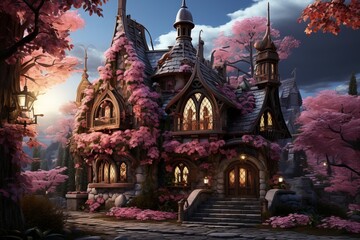 Obraz premium fantasy castle with pink cherry blossoms at sunset