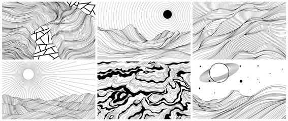 Abstract background with wavy lines and circles set. Black and white illustration of mountains collection. Landscape with sun rays.
