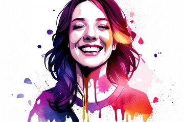 Beauty woman portrait abstract watercolor style bright rainbow colors illustration
