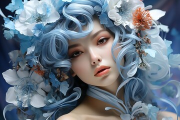 Portrait of a beautiful girl with blue hair and flowers in her hair