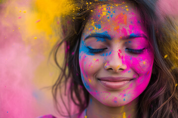 Holi festival that takes place in India with colors and with people smiling and showing smiles. Generative AI