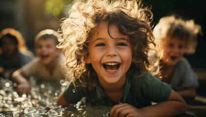 Smiling children playing outdoors, enjoying summer, carefree and happy generated by AI