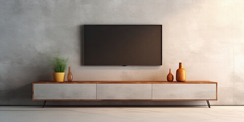 ed TV cabinet against concrete wall background.