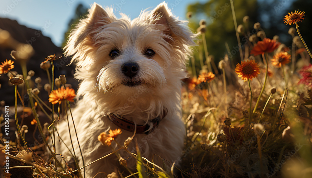 Sticker cute puppy sitting in grass, enjoying the outdoors generated by ai