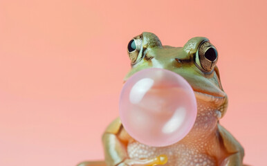 Frog blowing bubble gum. AI generative art