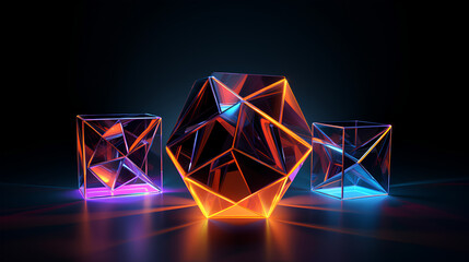 Fototapeta premium Colorful 3D Illustration with Geometric Objects and Neon-Glowing Edges: Abstract Neon-Lit Composition with Vibrant Geometric Shapes.