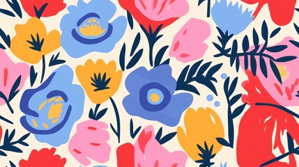  a colorful floral wallpaper with blue, pink, yellow, and red flowers on a white background with green leaves.