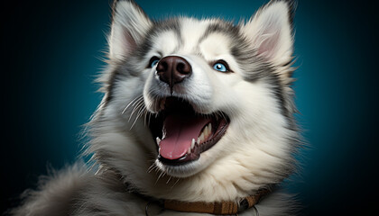 Obraz premium Cute puppy sitting, looking at camera, blue eyes generated by AI