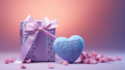 Valentine's Day gift and ribbons on blue with light pink colors
