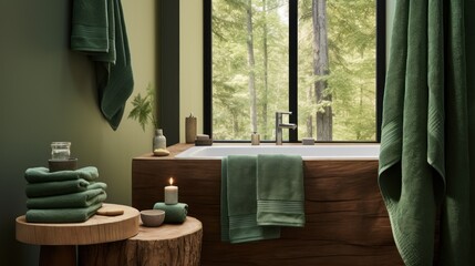  a bath room with a bath tub a window and a wooden stand with towels on it and candles in front of it.