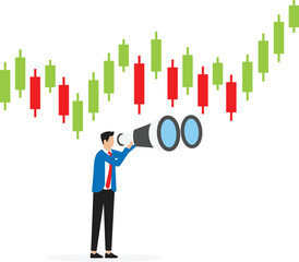 Stock market research and Financial businessman standing with binoculars looking for opportunities in front of rising charts.
