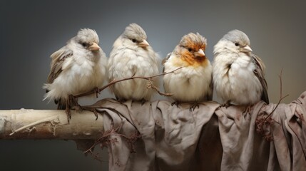  a group of birds sitting on top of a piece of cloth on top of a piece of drifty wood. - obrazy, fototapety, plakaty