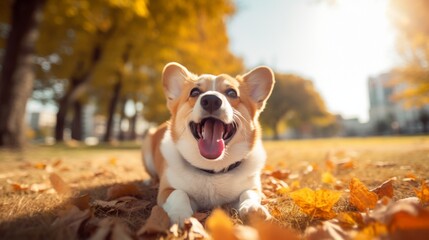 "A happy corgi with a big smile, enjoying a day at the park