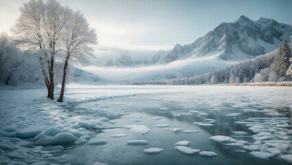 Zimowy krajobraz z lodowymi formacjami - obrazy, fototapety, plakaty
