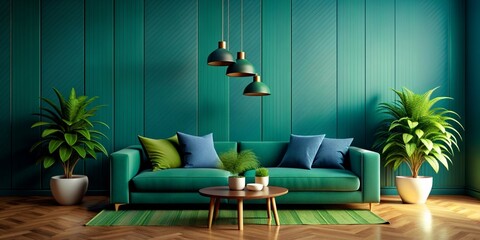 Bright and Cozy modern living room interior with green sofa and decoration room on empty dark blue wall background. 3D rendering