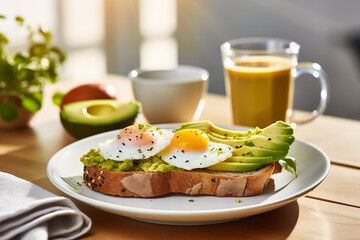 Cozy morning, coffee and healthy breakfast with boiled egg, avocado, toast
