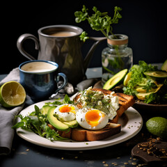Cozy morning, coffee and healthy breakfast with boiled egg, avocado, toast
