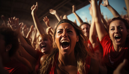 Fototapeta premium Young adults cheering, arms raised, enjoying music festival generated by AI