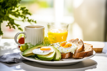 Cozy morning, coffee and healthy breakfast with boiled egg, avocado, toast
