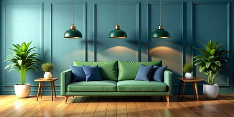 Bright and Cozy modern living room interior with green sofa and decoration room on empty dark blue wall background. 3D rendering - obrazy, fototapety, plakaty