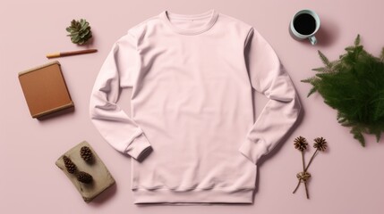  a white sweatshirt sitting on top of a pink surface next to a cup of coffee and a box of matches.