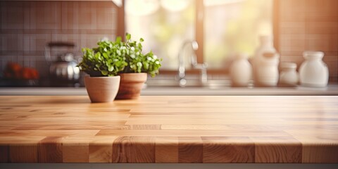 Product displayed on modern kitchen's blurred background and empty wooden table.