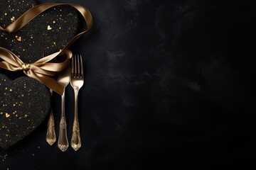 Valentine s day table setting  golden cutlery on black stone table, elegant banner or menu template