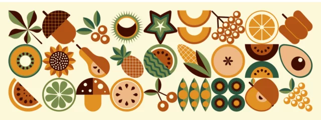Poster Spring mosaic pattern. Scandinavian geometric style. Agriculture concept. Tropical motifs. Fruits and vegetables minimal illustration © Alia Shevcova