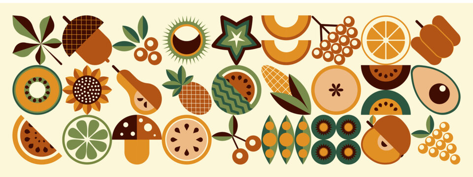 Spring mosaic pattern. Scandinavian geometric style. Agriculture concept. Tropical motifs. Fruits and vegetables minimal illustration