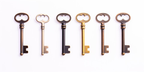 Banner with house keys close-up isolated on white background for buying, renting an apartment, a house. Concept for housewarming, real estate sale, construction