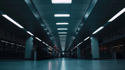 Low level view of empty dark airport terminal with fluorescent lighting and polished tiled floor.