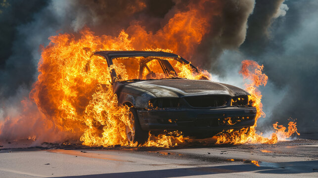 Car is ablaze during daytime, with intense flames consuming its interior and exterior. © unicusx