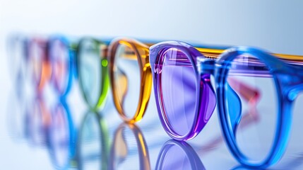 Colorful glasses on a reflective surface. Shallow depth of field