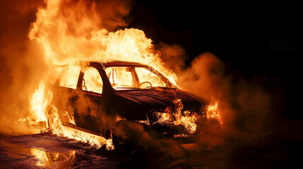 Car engulfed in intense flames at night, creating dramatic scene of destruction.