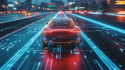 Futuristic Concept: Autonomous Self-Driving 3D Car Moving Through City Highway. Animated Visualization Concept: Sensor Scanning Road Ahead for Vehicles, Danger, Speed Limits. Day Urban Driveway - obrazy, fototapety, plakaty