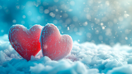 Poster or banner of two hearts sitting on the snow covered ground under light. Vibe of Valentine day and romantic