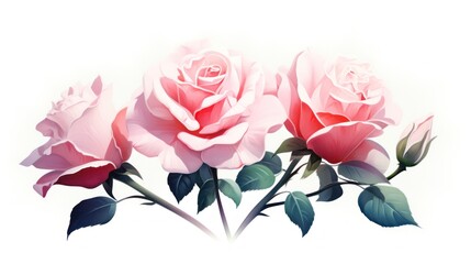  three pink roses on a white background with a green stem and two pink flowers on a white background with a green stem and two pink roses on a white background.