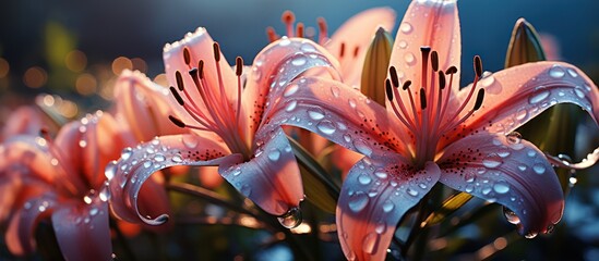 Lily flower with fresh water drops at sunrise