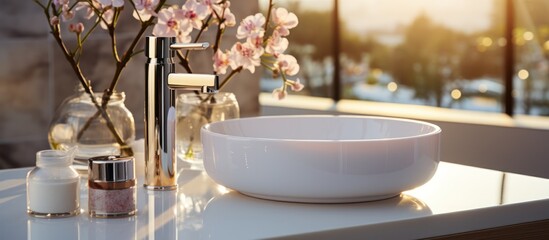 Luxury washbasin with gold faucet on bathroom window background