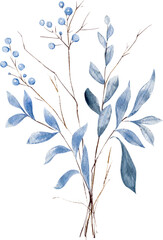 Hand Drawn Watercolor Bouquet Of Blue Branches Leaves