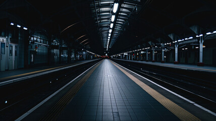 Worms eye view of an empty dark train station
