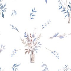 Fototapeta na wymiar Watercolor Seamless Pattern Of Plants Of Blue And Brown Branches