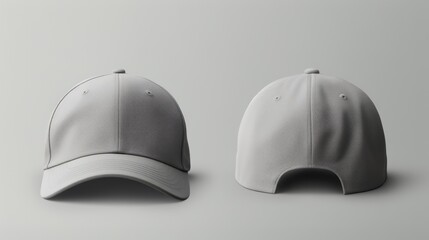  a white baseball cap sitting on top of a white table next to a white hat on top of a white table.