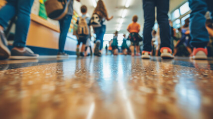 Floor eye view of a school corridor, full of blurred children