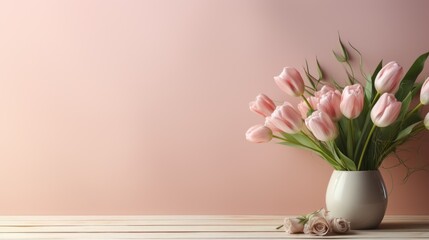  a bouquet of pink tulips in a white vase on a wooden table in front of a pink wall. - obrazy, fototapety, plakaty