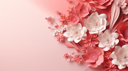  a pink and white paper flower arrangement on a pink background with a place for a text or an image to put on a card or brochure.