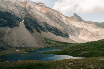 Panoramic view of turquoise lake Barroude in french Pyrenees