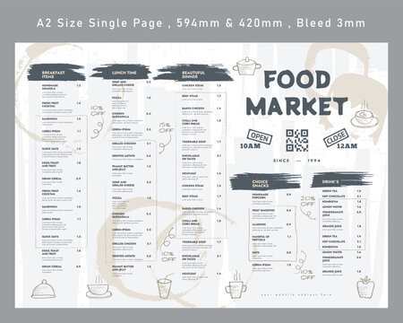 Restaurant cafe menu, template design. Single page food menu template, A2 size single page.