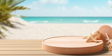 Fototapeta na wymiar Design and showcase summer products with a wooden podium and beach background.